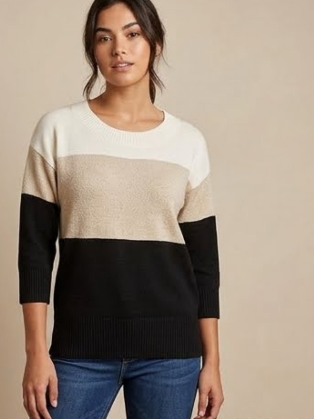 Colorblock Crewneck Sweater - Black, Cream & White